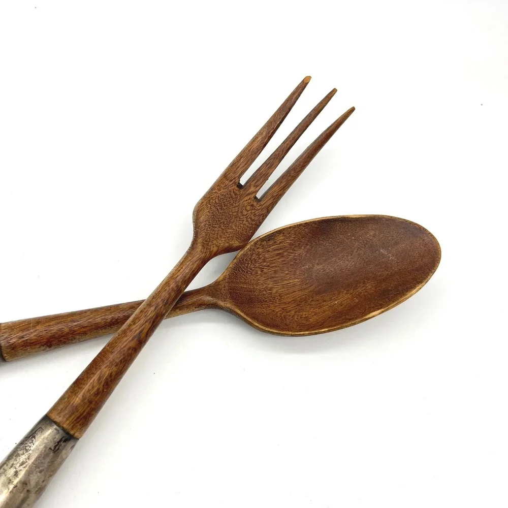 Vintage Mid Century Modern Teak Wood and Sterling Silver Salad Serving Set‎